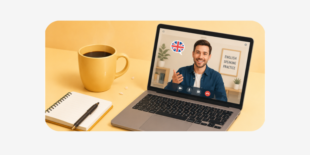 Il·lustració d’una classe d’anglès en línia. Sobre una taula hi ha un ordinador portàtil amb una videotrucada oberta, on un professor somrient parla davant d’un cartell amb el text «English Speaking Practice» i una icona de la bandera britànica. Al costat de l’ordinador hi ha una tassa de cafè, una llibreta i un bolígraf.