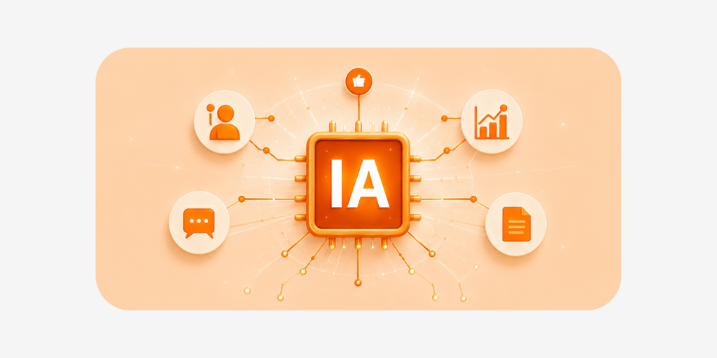 Il·lustració de la intel·ligència artificial aplicada a la productivitat, amb un microxip central connectat a icones de comunicació, usuaris, documents i anàlisi de dades.