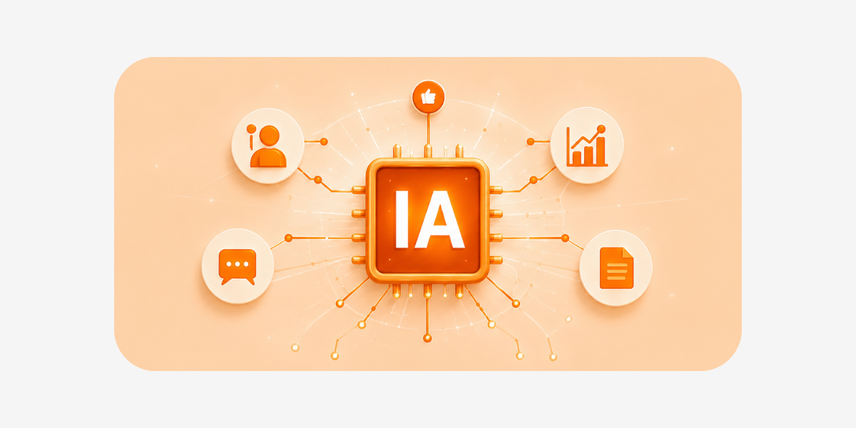 Il·lustració de la intel·ligència artificial aplicada a la productivitat, amb un microxip central connectat a icones de comunicació, usuaris, documents i anàlisi de dades.