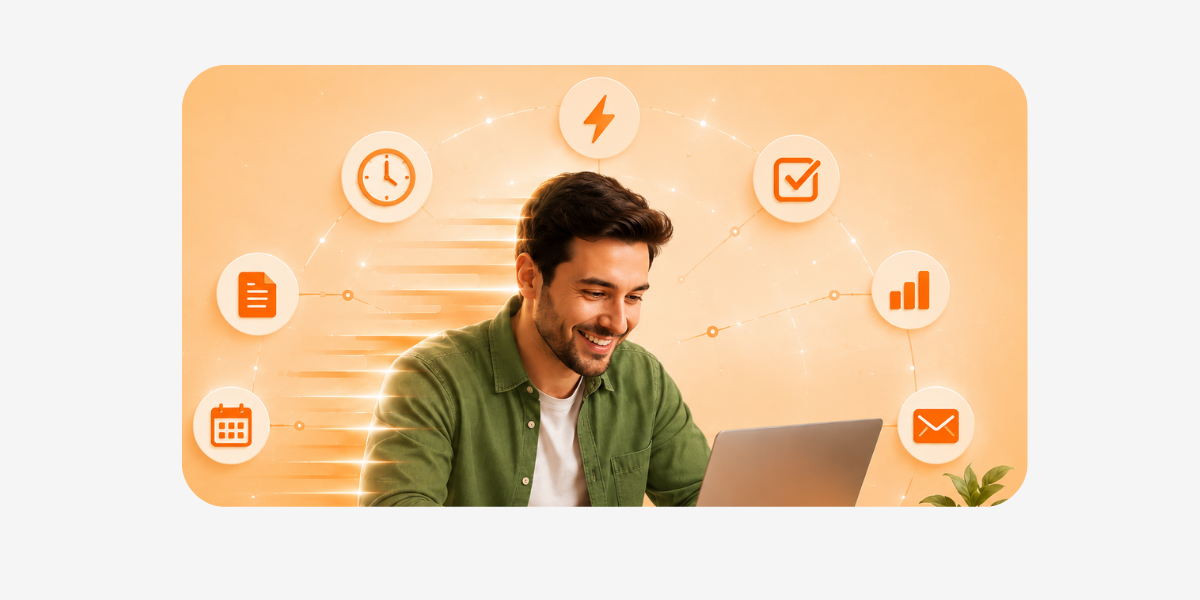 Il·lustració promocional d’un curs sobre els fonaments de la intel·ligència artificial generativa. Un home somrient treballa amb un ordinador portàtil, envoltat d’icones taronges que representen automatització, productivitat, gestió del temps, tasques, documents, calendari, correu electrònic i anàlisi de dades, sobre un fons càlid i tecnològic.